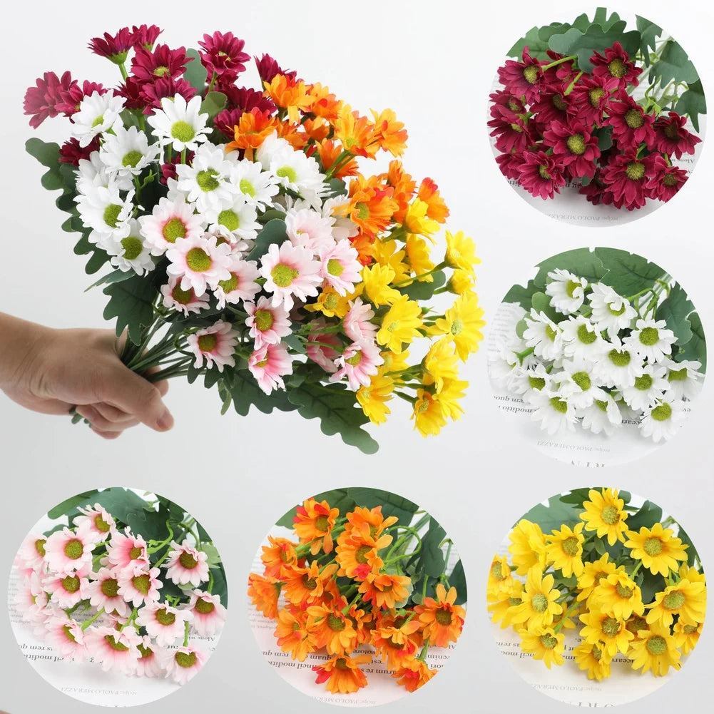 bouquet fleurs artificielles camomille marguerites soie plastique feuilles vertes naturel decoration maison mariage