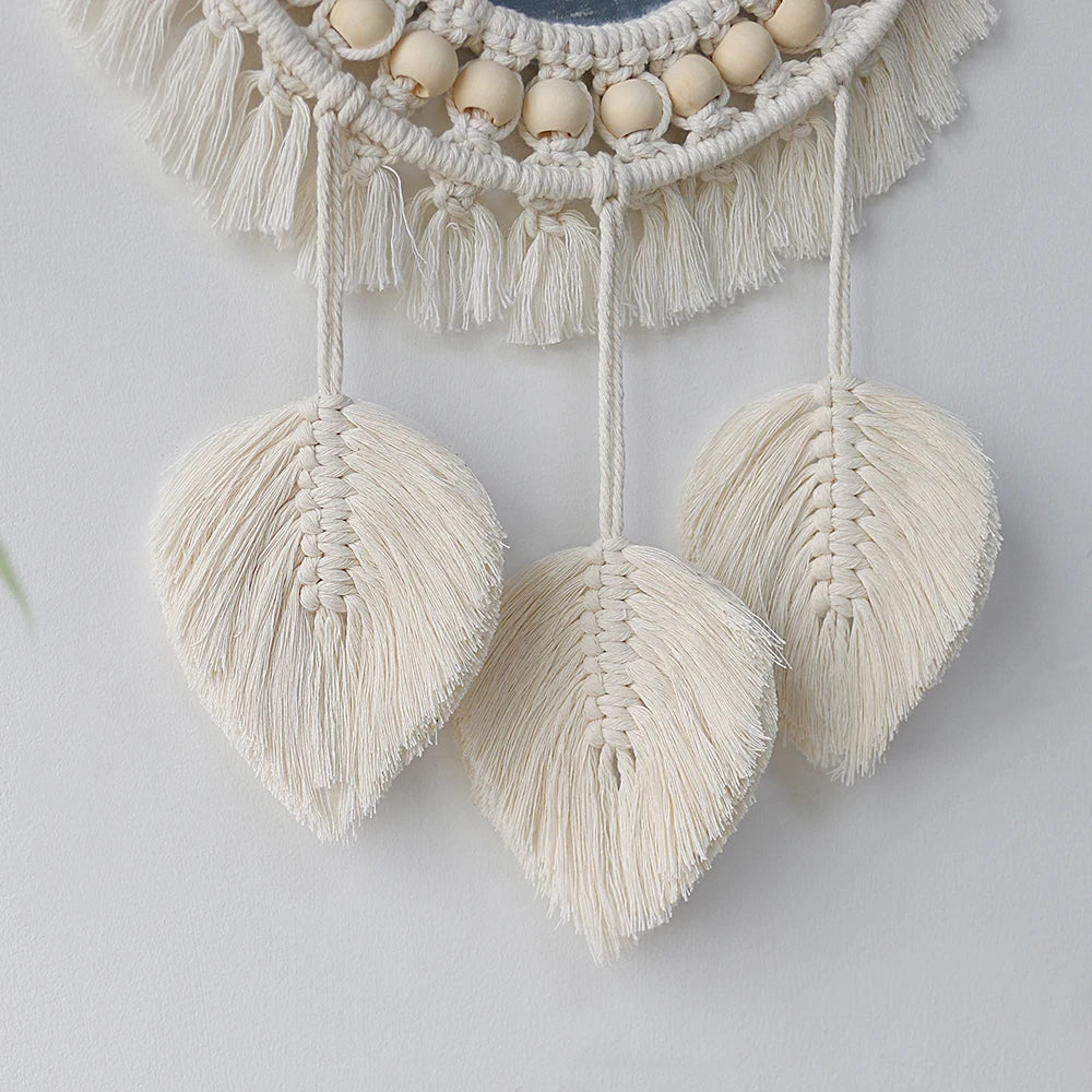 miroir décoratif boho blanc beige macramé franges artisanal