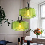 lampe suspendue verre cannelé ambre verte rose moderne minimaliste filament apparent