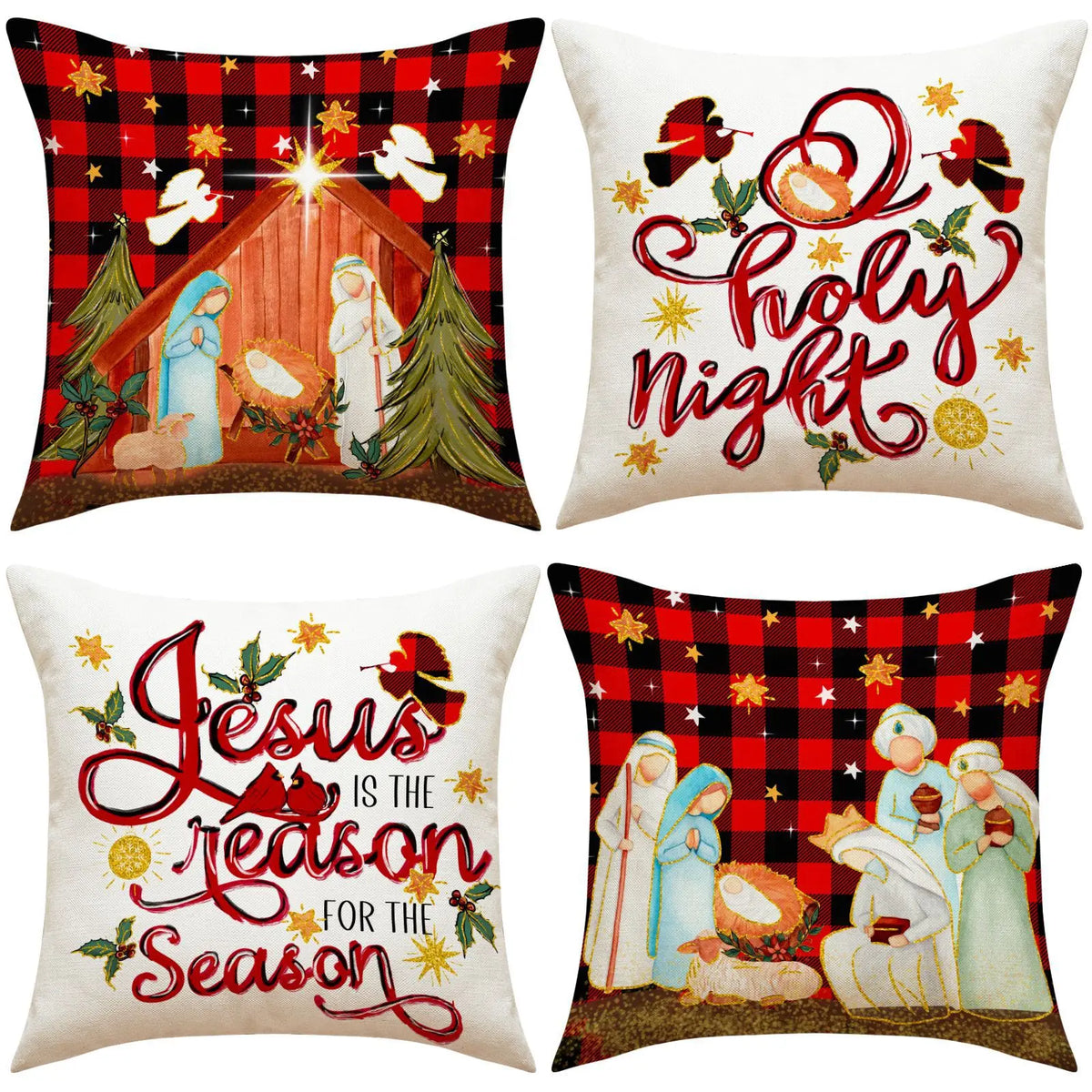 coussins carreaux rouge blanc vert doré sapins étoiles adhésifs décor noël traditionnel festive