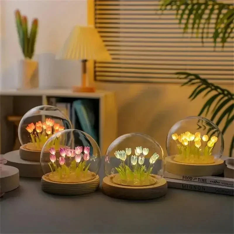 bouquet lumineux tulipes artificielles verre transparent moderne décoration intérieure chambre violettes jaunes vertes