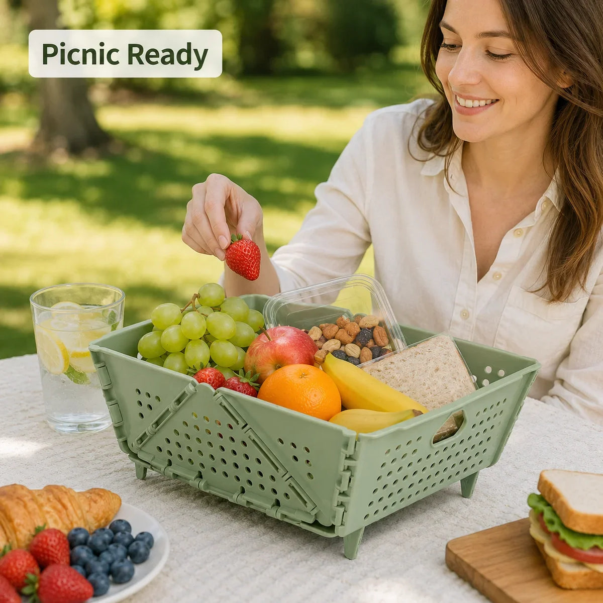panier pliable perforé moderne vert rangement cuisine fruits légumes poignées drainage rapide