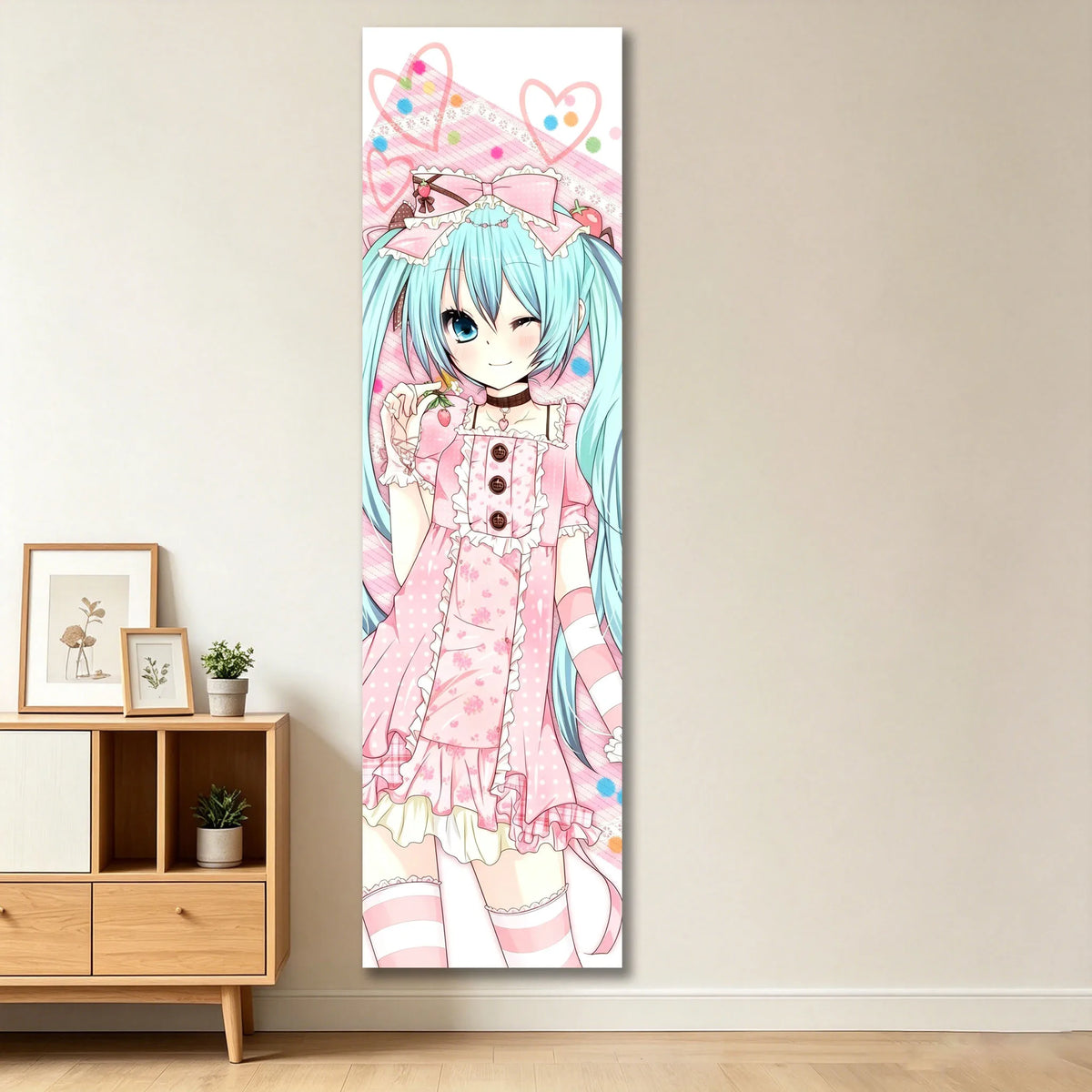 affiche murale anime rose blanche bleue twintails robe pois opaque chambre dortoir