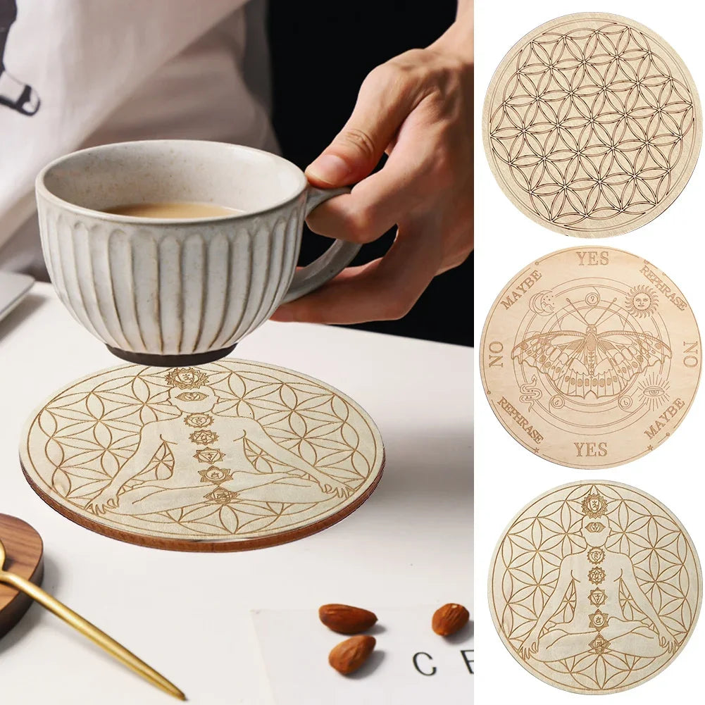 coasters bois gravures symboles géométriques naturels minimalistes table 10cm round