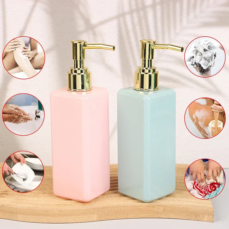 distributeur savon liquide bouteille rechargeable pompe contemporain rose clair vert pastel noir blanc mat