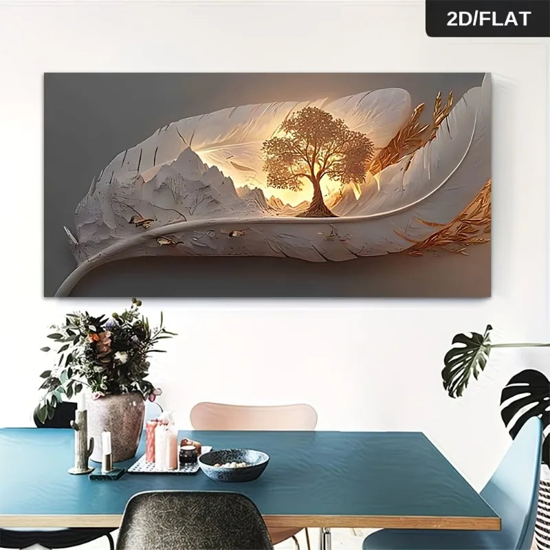 toile d'art paysage abstrait arbre central motifs organiques moderne gris doré minimaliste