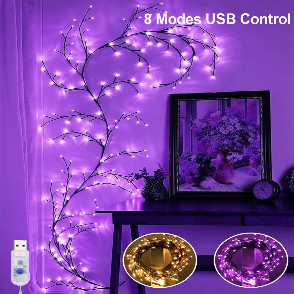 guirlande lumineuse branches arbre 96 led noir blanc moderne décoratif usb