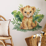 sticker mural lionceau illustration orange feuilles adhésif chambre enfants animal dessin animé pvc