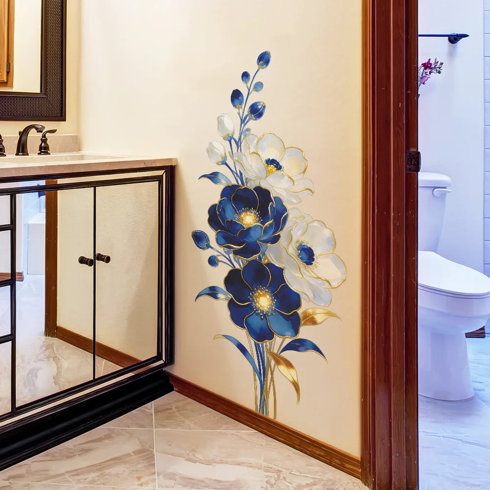 décoration murale sticker floral bleu blanc doré peinture aquarelle brillant adhésif élégantintérieur