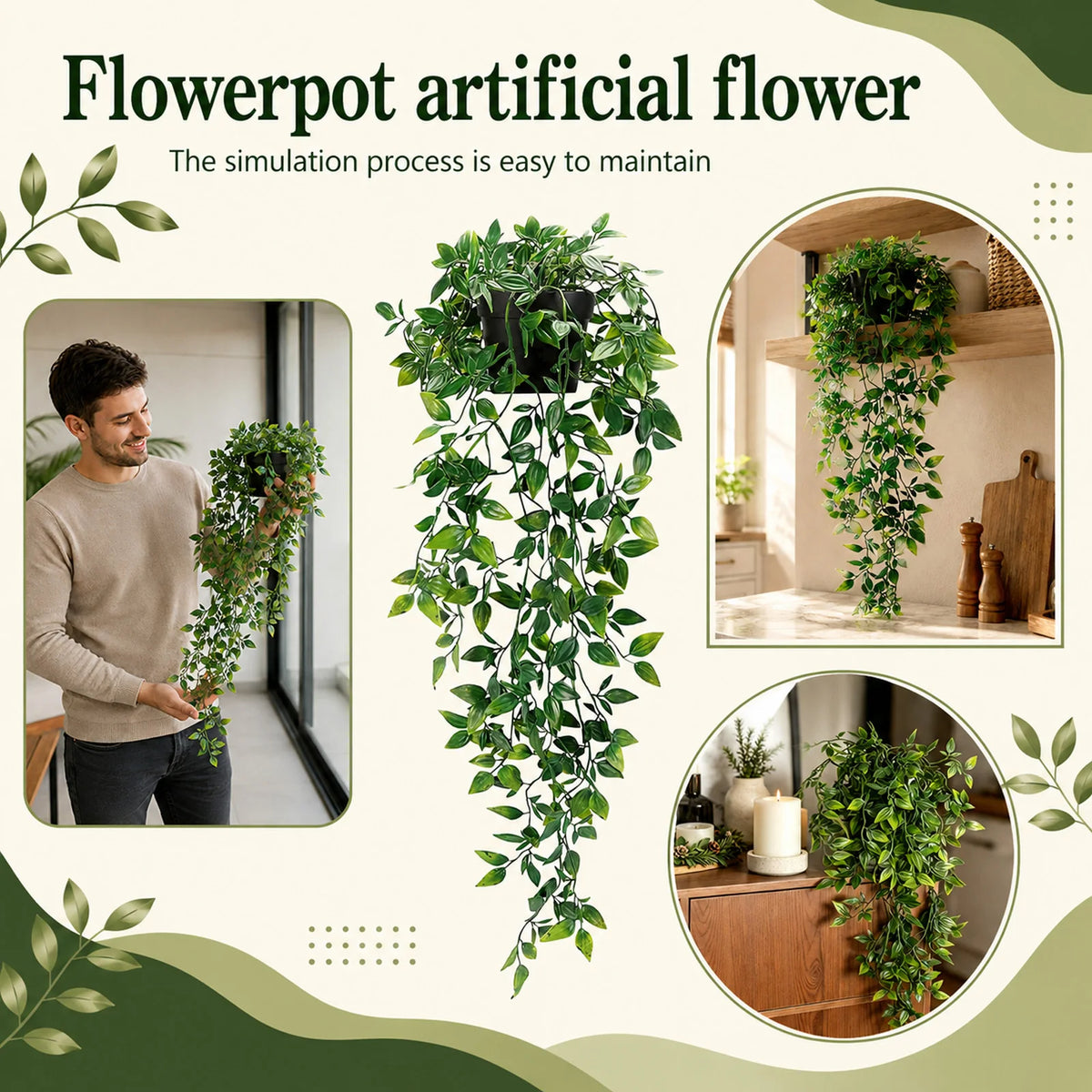 décoration intérieure plante artificielle vert feuilles régulières moderne pot suspendu