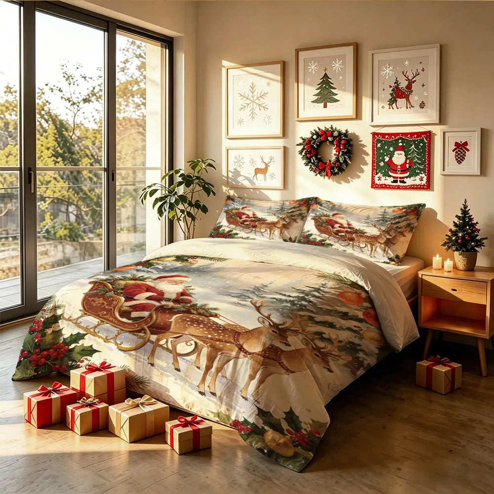 ensemble literie noël père noël blanc rouge vert taies d'oreiller couverture polyester single double