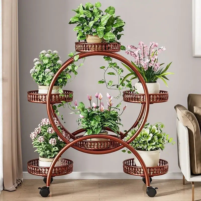 meuble plantes moderne métal noir blanc marron plateaux ovales roulettes circulaire multifonction minimaliste