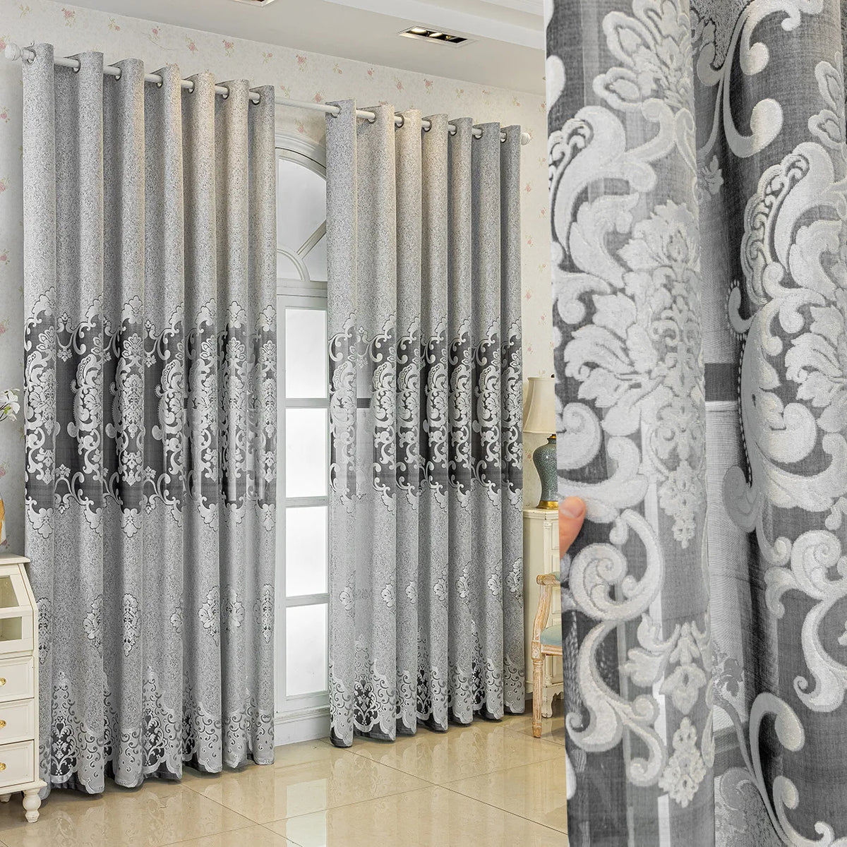 rideaux polyester broderie florale semi opaque classique beige bleu clair gris