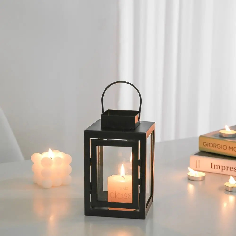 lanterne moderne transparente noire anneaux métalliques bougie extérieure décoration maison suspendueextérieur