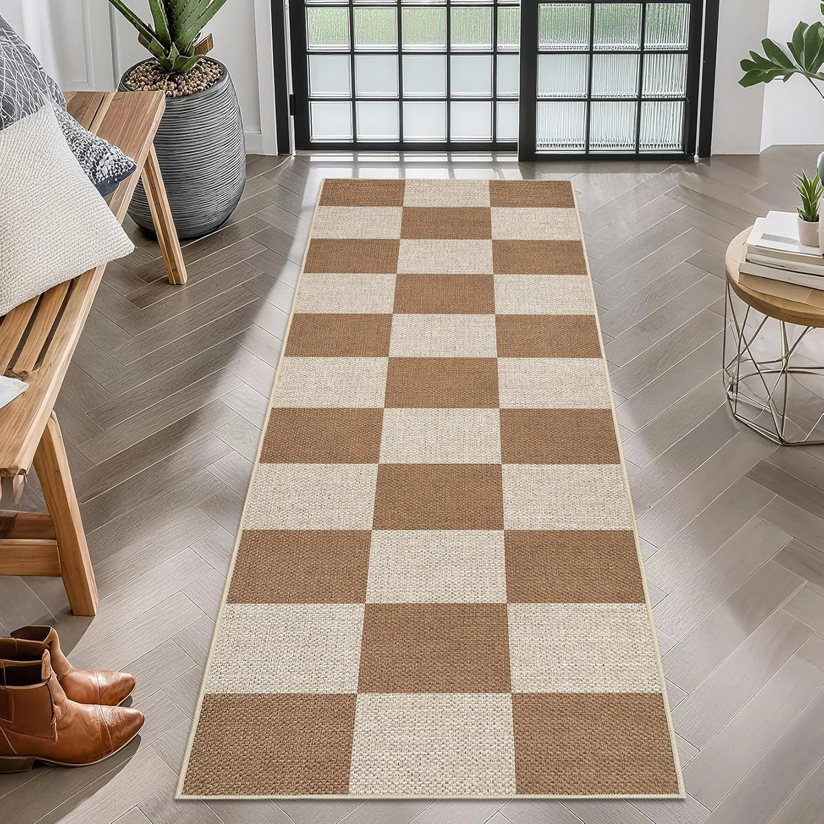 tapis moderne noir beige carreaux géométriques antidérapant polyester extérieur sol légèrement rugueux