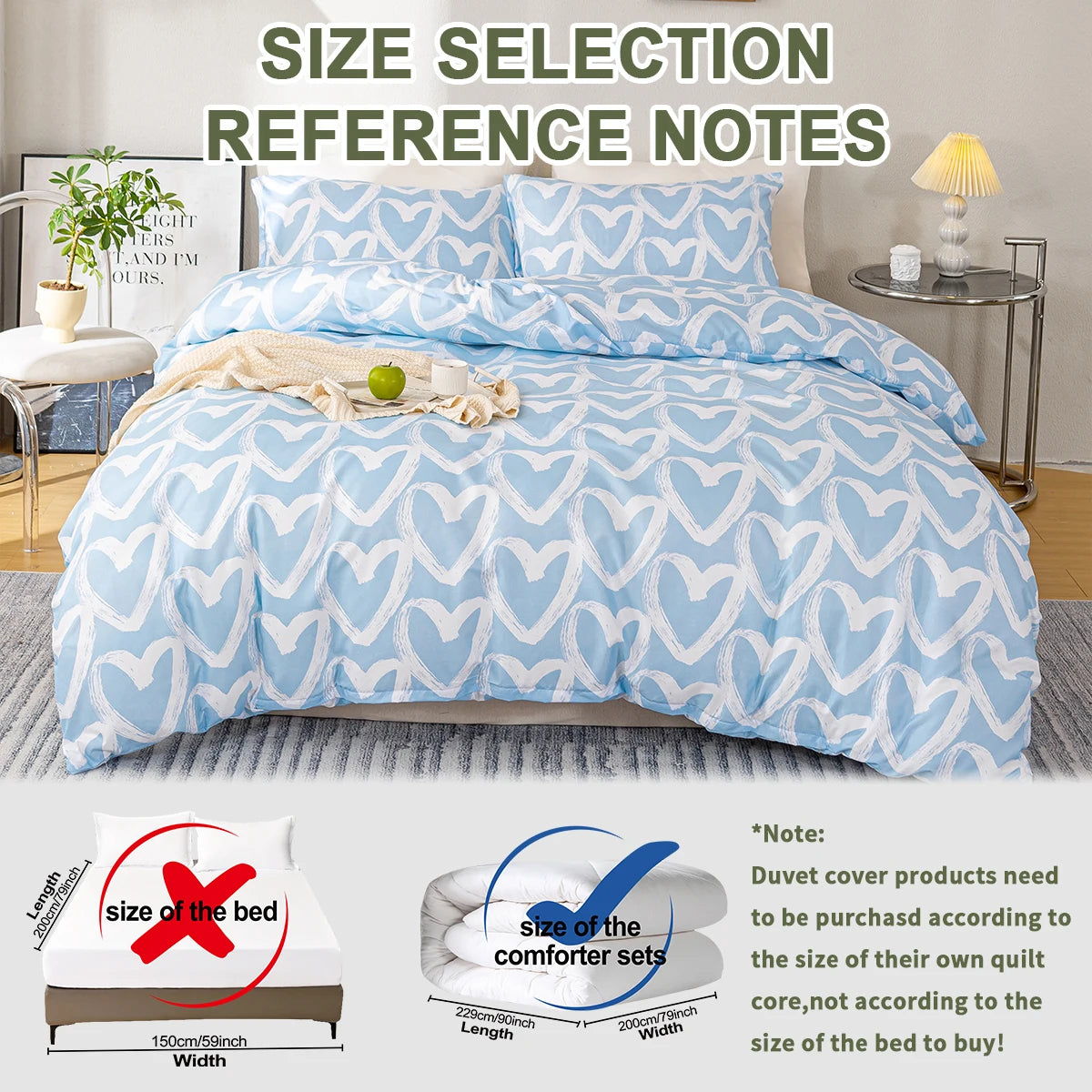 ensemble literie housse couette deux taies d'oreiller coeur gris blanc moderne
