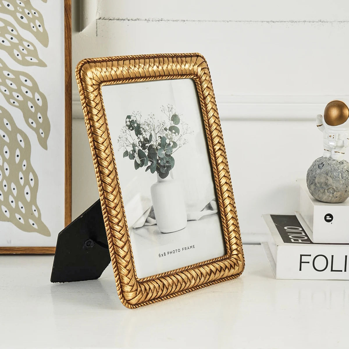 cadre photo résine tressée or decoratif moderne classique posé support