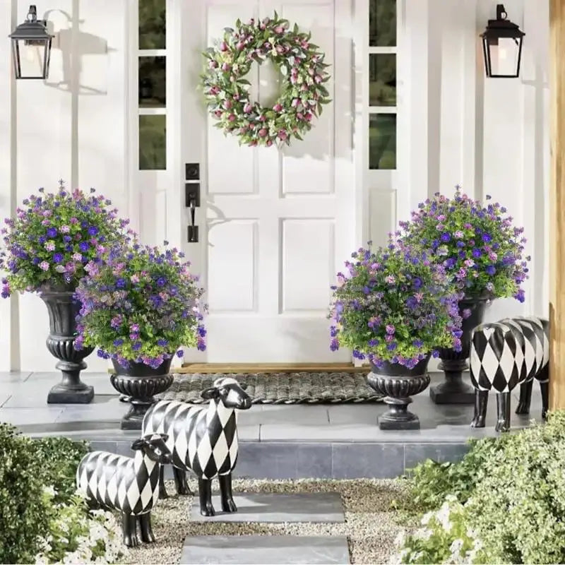 arbustes artificiels violettes blanches modernes décoration extérieure jardin véranda piquet fixationextérieurDecorationFleursArtificielles