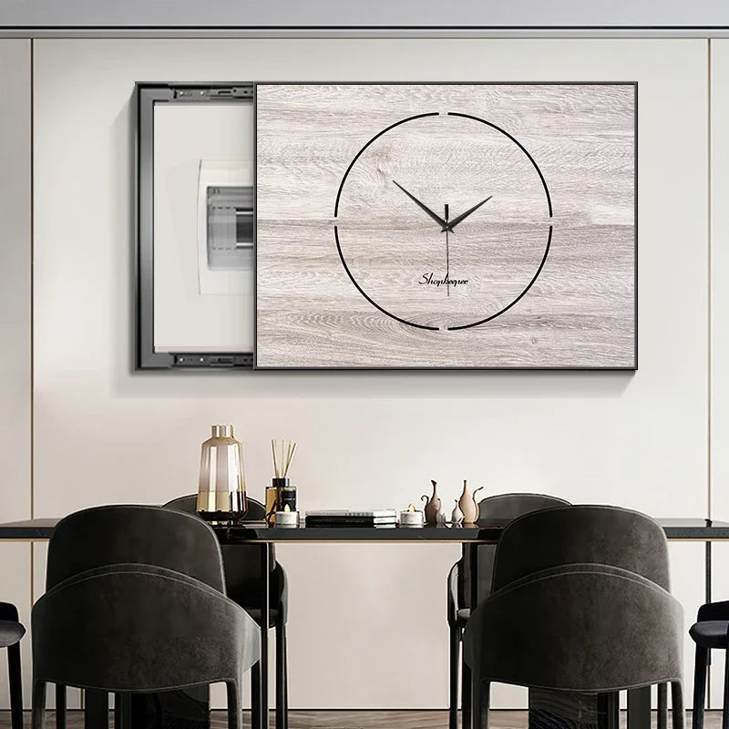 horloge murale moderne bois cadre noir aiguilles numeros visage unique carré nature morte quartz