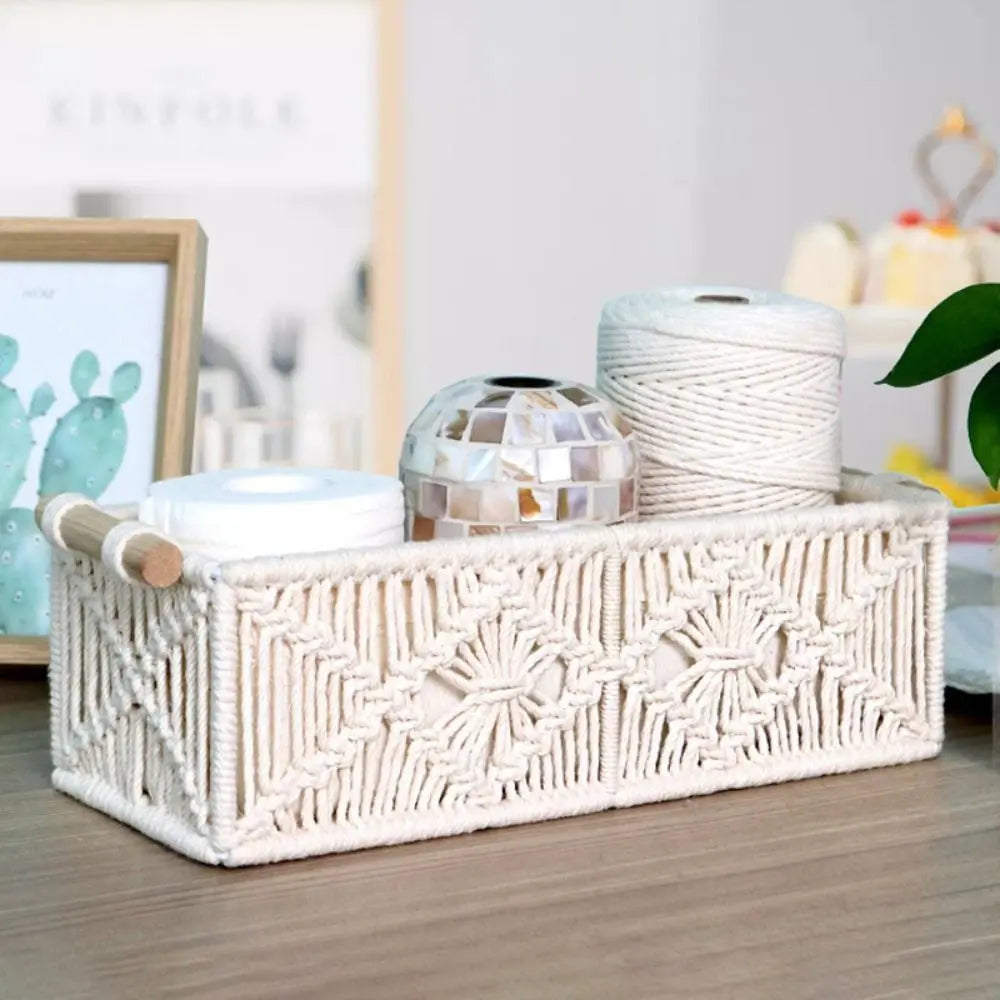 panier tressé bohème blanc motif floral rangement maison multipurpose poignée bois naturel