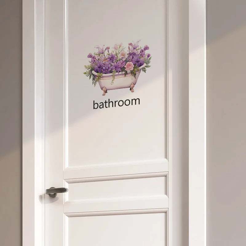 autocollant mural fleurs baignoire illustration moderne décoration maison blanc violet rose vert adhésif pvc