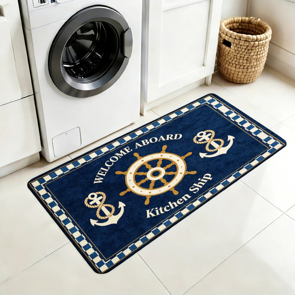 tapis marin antidérapant bleu foncé ancre roue navire carreaux intérieur cuisine salle bain chambre