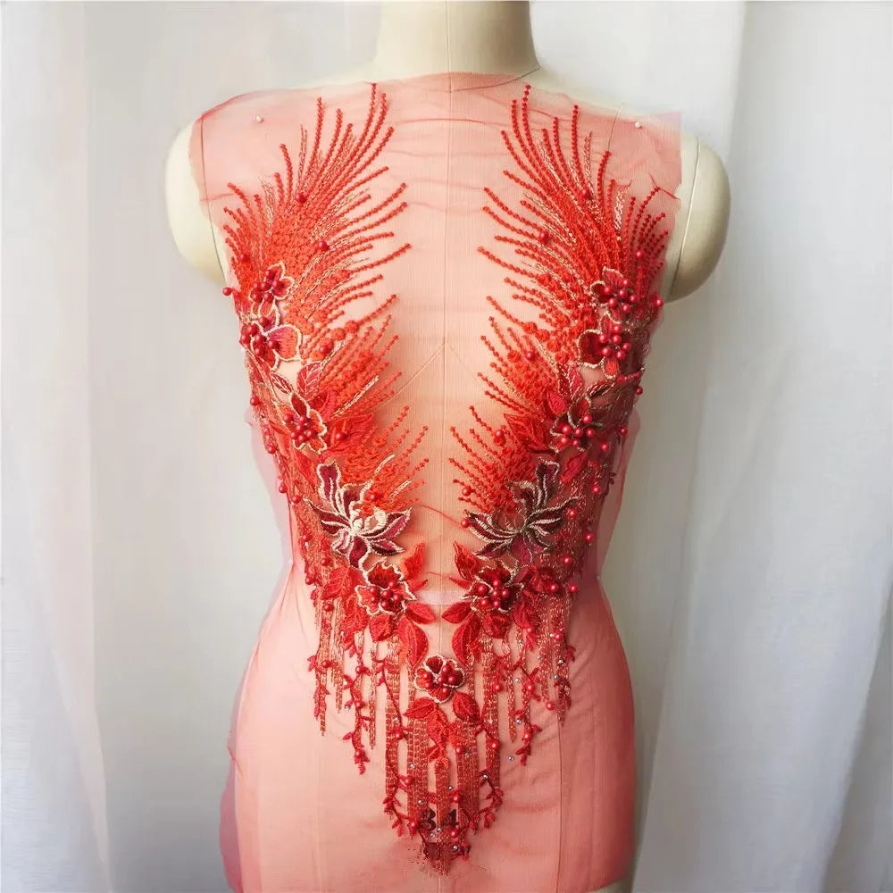 appliques textile brodées fleurs semi transparentes or rose bleu rouge élégantes DIY