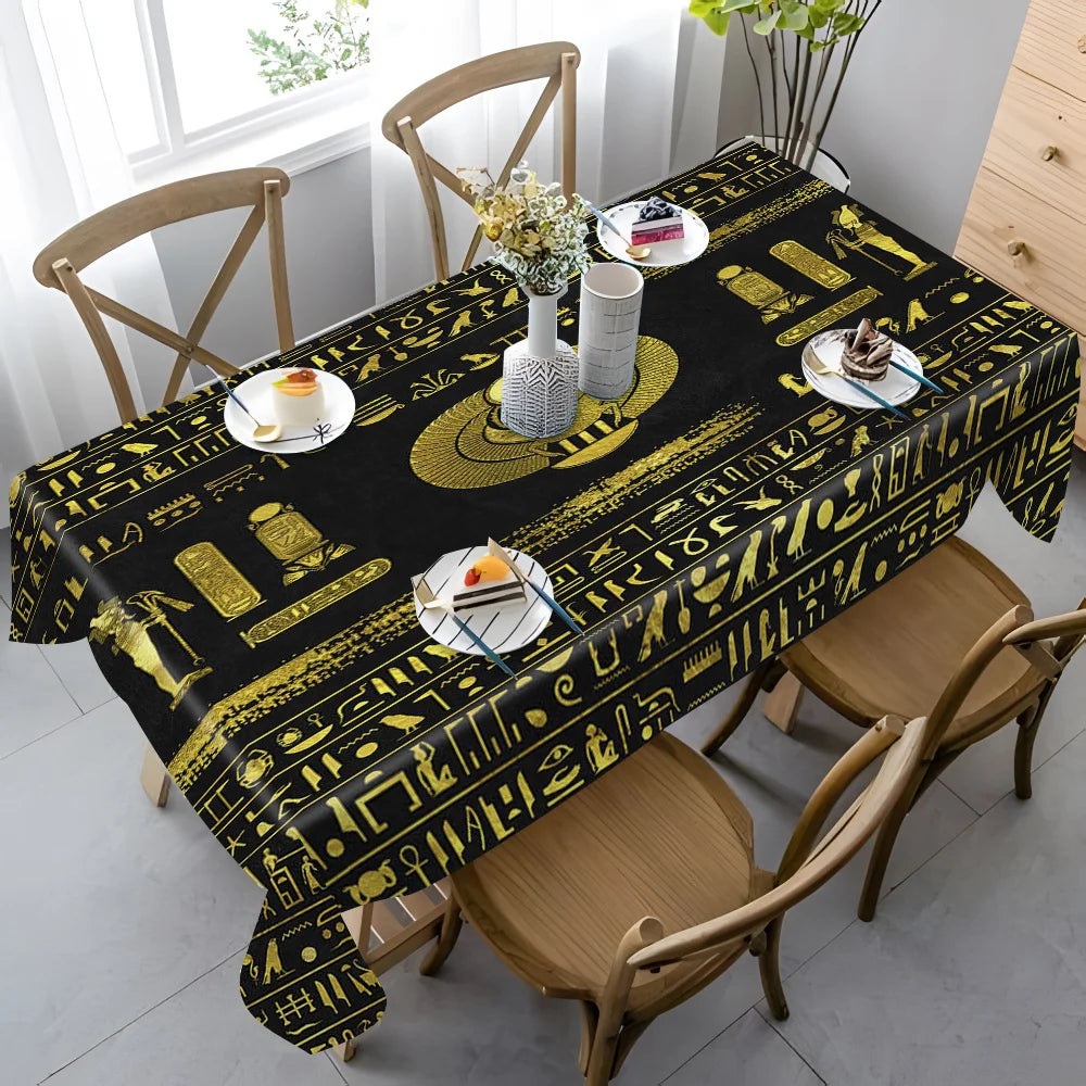 nappe égyptienne moderne symboles hiéroglyphiques or noire réutilisable table dîner polyester opaque classique