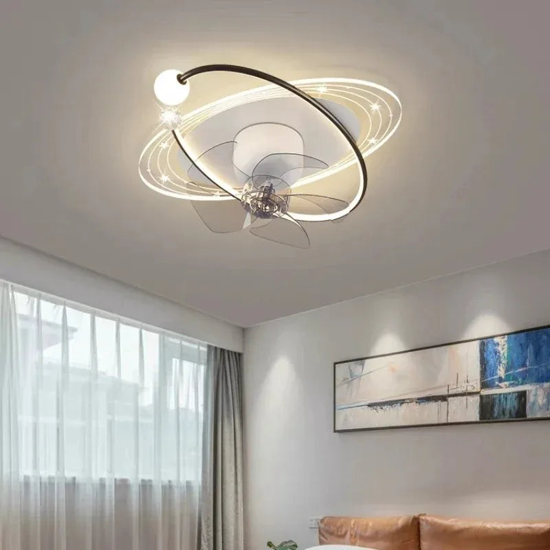 ventilateur moderne sphères blanches anneaux dorés télécommande lumière led salon luxe