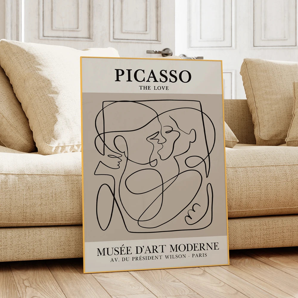 affiche abstraite baiser amour contemporaine minimaliste toile noir beige cadre aluminium