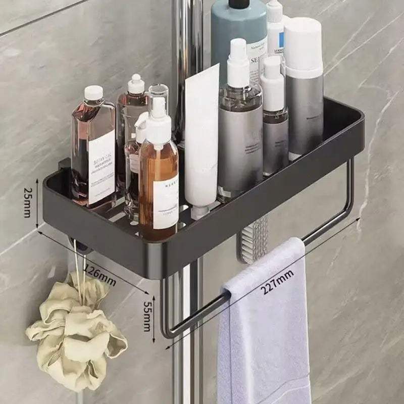 étagère salle bain moderne métal noir gris argenté fixée bouteilles savon parfum serviette gant