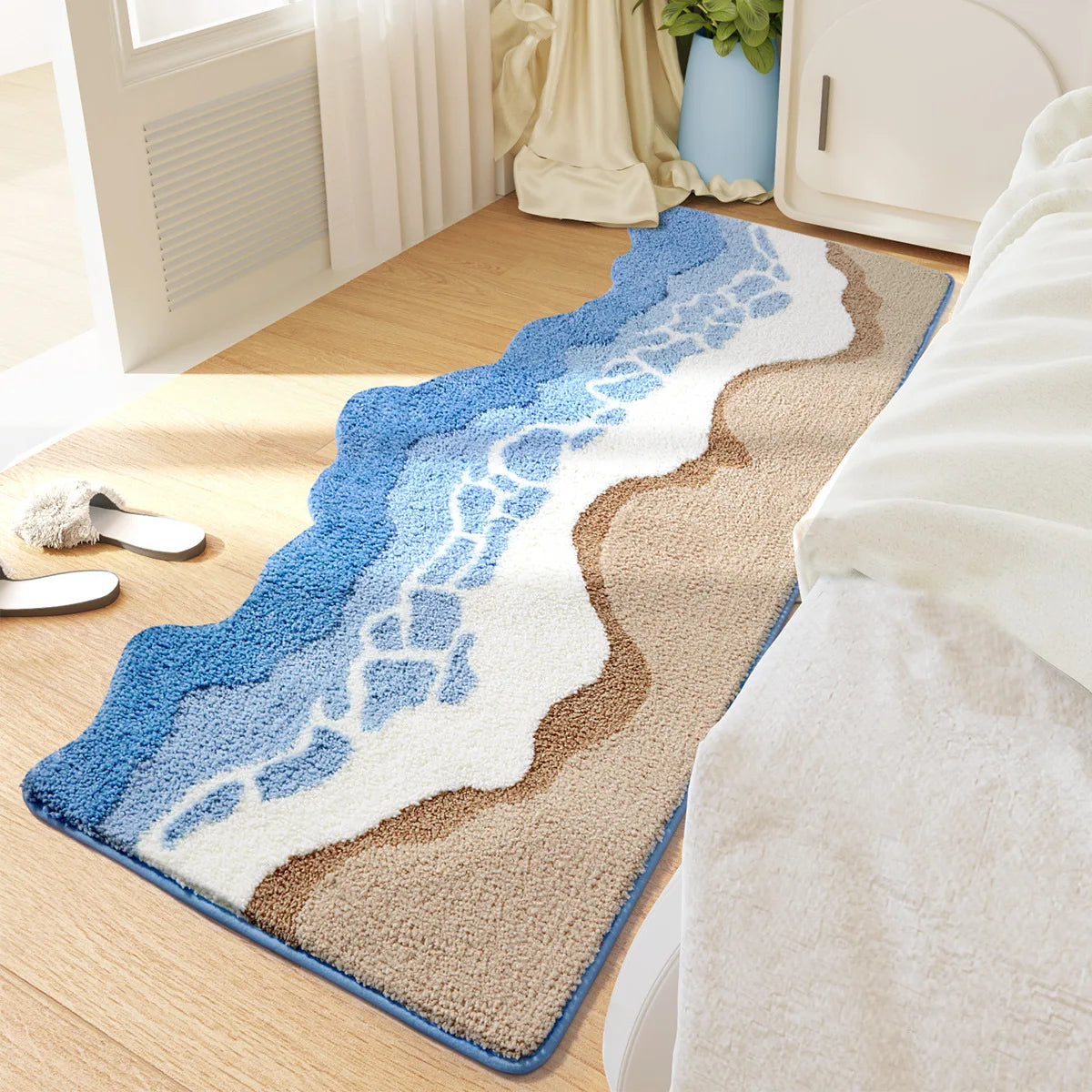 tapis bain moderne bleu beige blanc doux antidérapant imperméable salle bain maison
