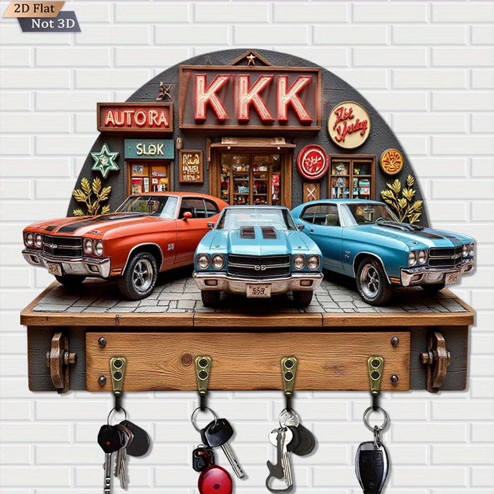 porte clés vintage panneau mural bois illustré voitures anciennes crochets métalliques garage automobile