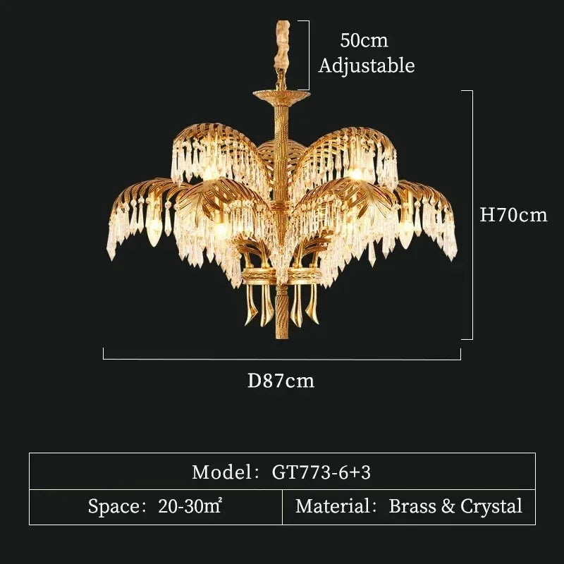 lustre vintage doré feuille palmier cristaux transparents pendentif grande salle