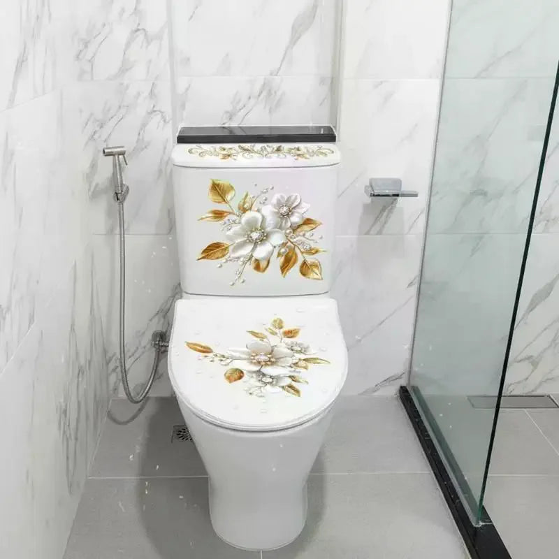 stickers decoratifs toilettes fleurs dorées brillantes luxe floral chambre