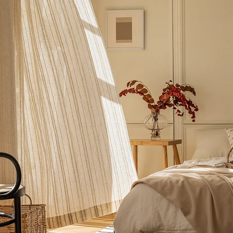 rideaux polyester rayés bohème beige clair semi transparent fenêtre chambre coucher