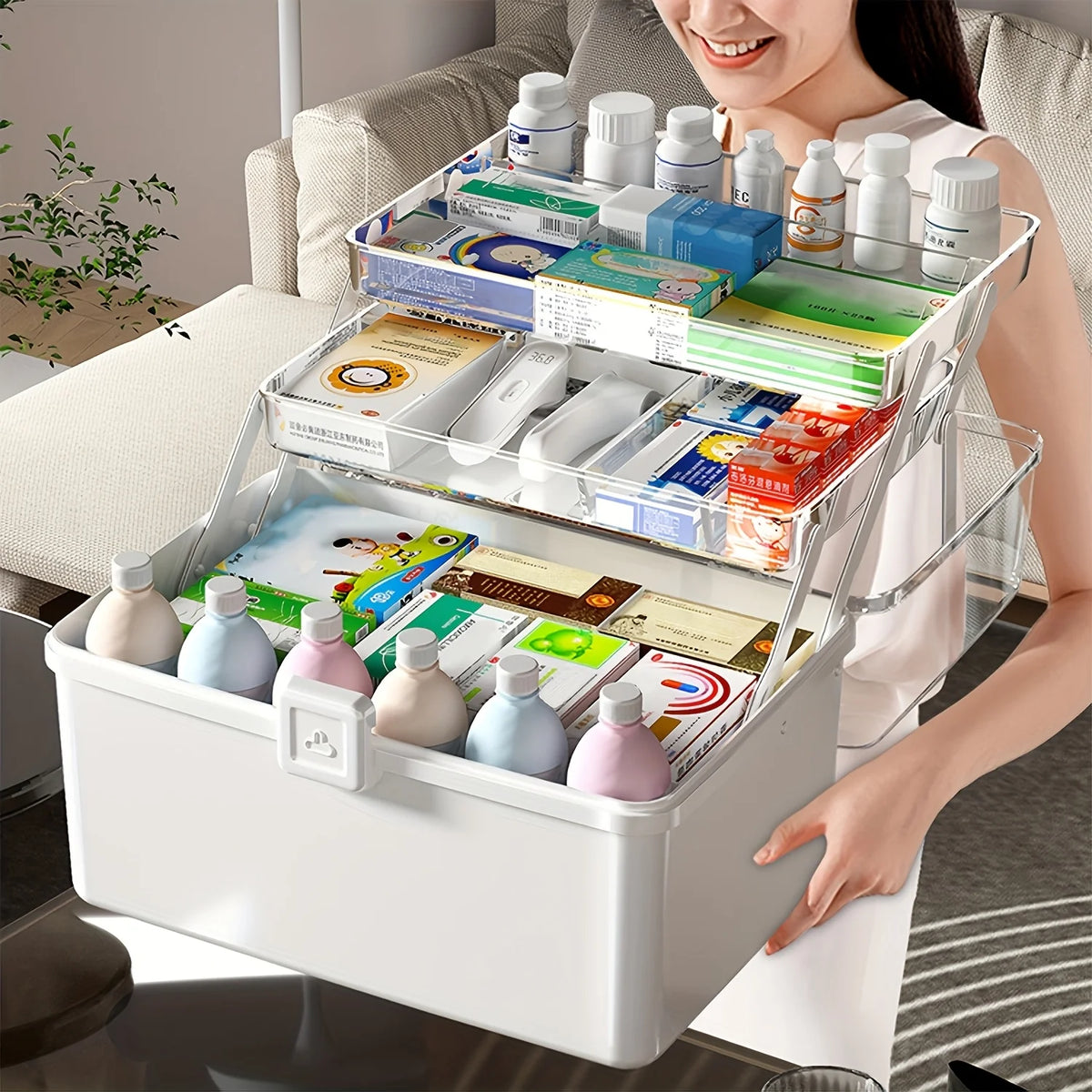 boîte rangement transparente moderne extensible blanc bleu clair rose pâle cosmétique poignée multifonctionnelle large