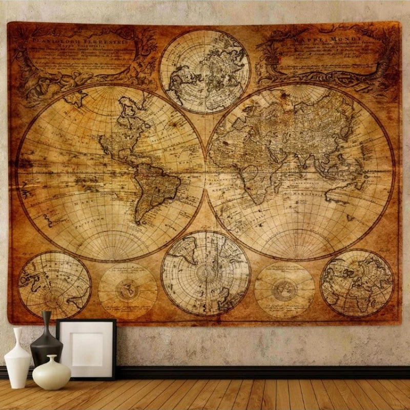 tapisserie murale carte monde ancienne vintage beige marron noir texturée rétro décoration mur rectangle