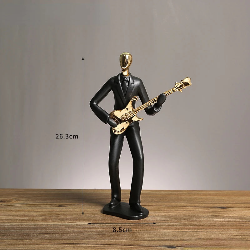 statue musicien moderne abstraite saxophone guitare noire décoration intérieure couple instrumental résine opaque base