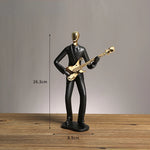 statue musicien moderne abstraite saxophone guitare noire décoration intérieure couple instrumental résine opaque base