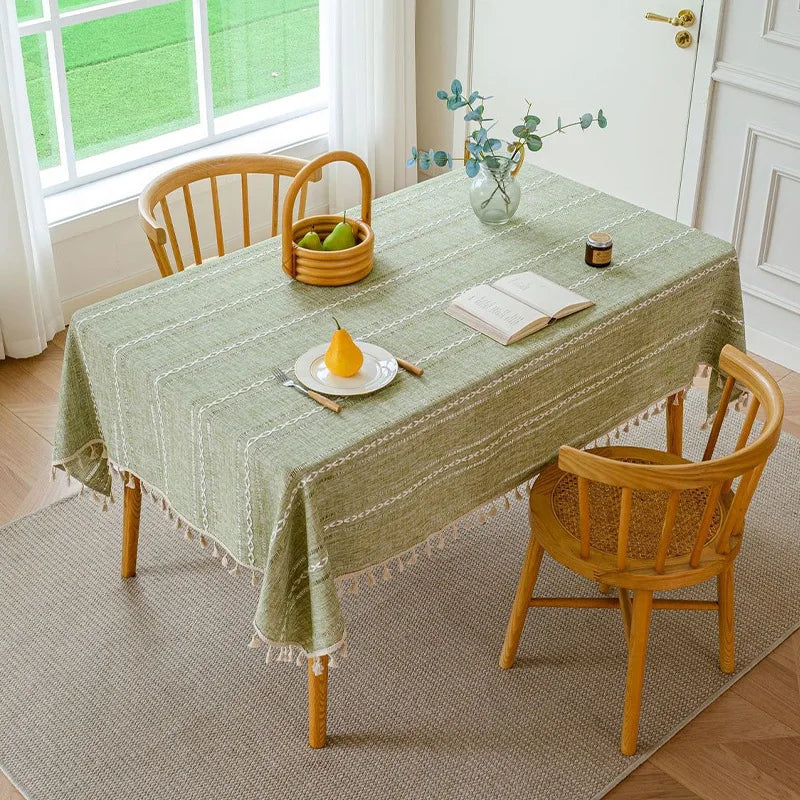 nappe vert olive rayures blanches franges boho chic réutilisable polyester table hiver été ramadan