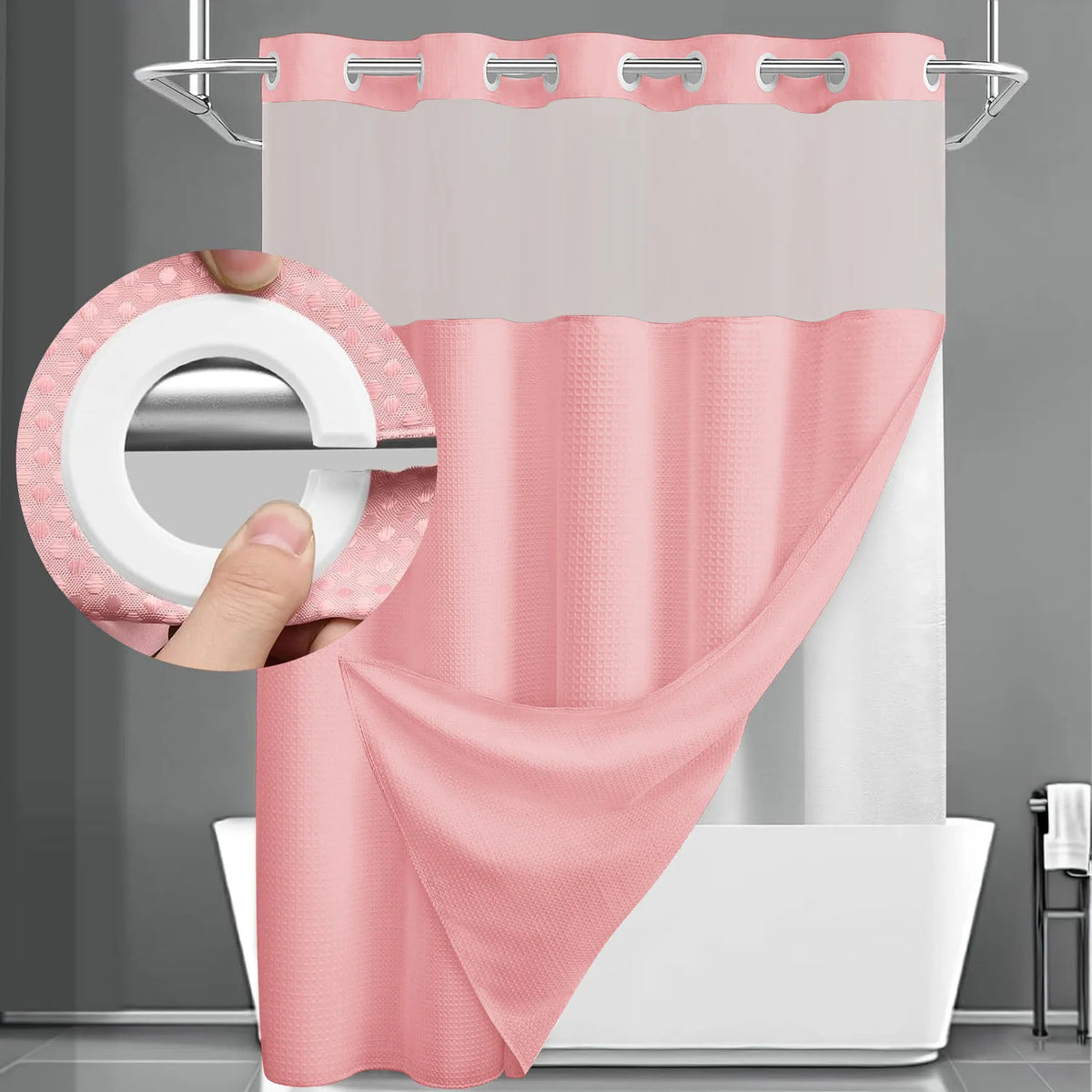 rideau douche moderne gris vert blanc tissé points transparent waterproof anneaux 72x74inch