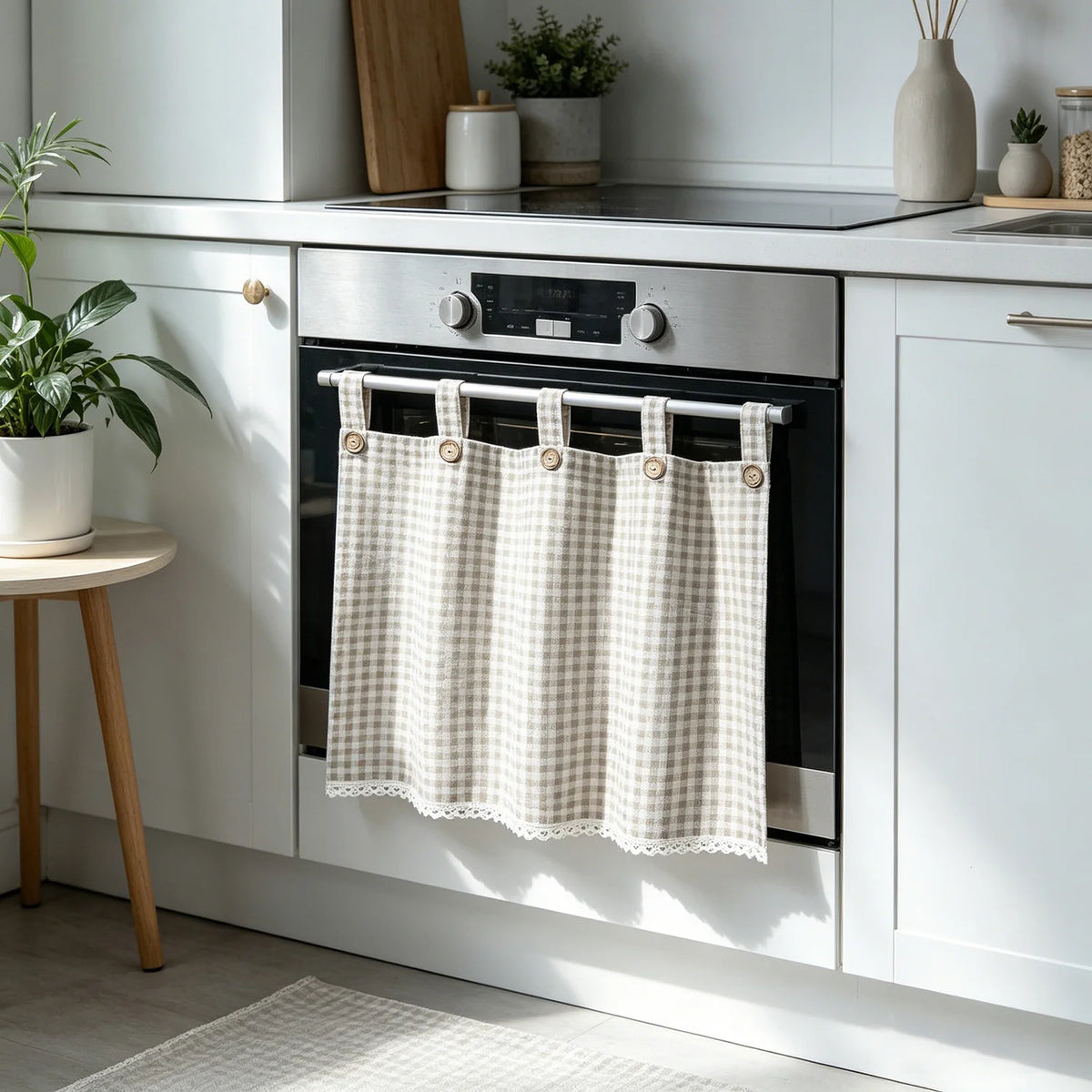 rideau tab top carreaux beige gris moderne rustique opulent dentelle
