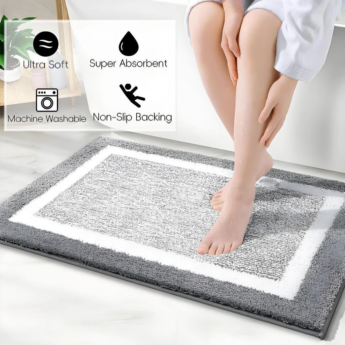 tapis bain microfibre doux moderne 80cm 50cm 60cm 40cm gris clair blanc absorbant rapide