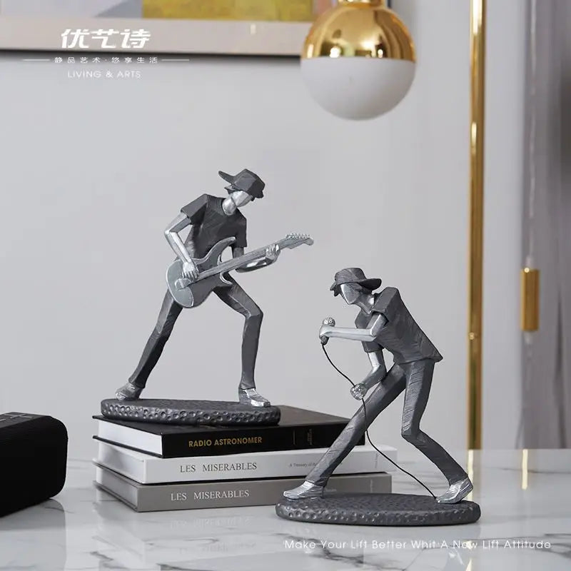 statues musiciens gris résine finition lisse moderne abstrait guitare clavier batterie ornement maison