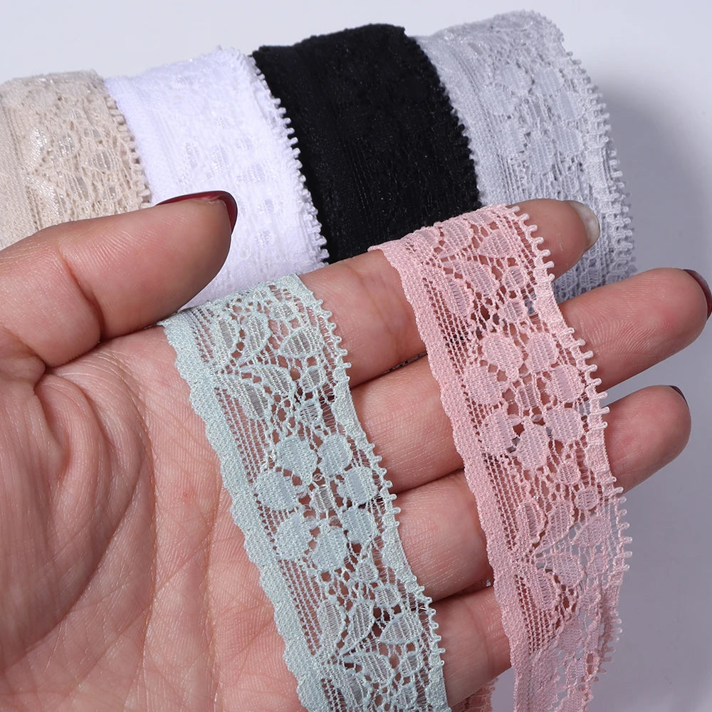 ruban dentelle élastique 2cm large motifs floraux noir blanc rose vert gris classique