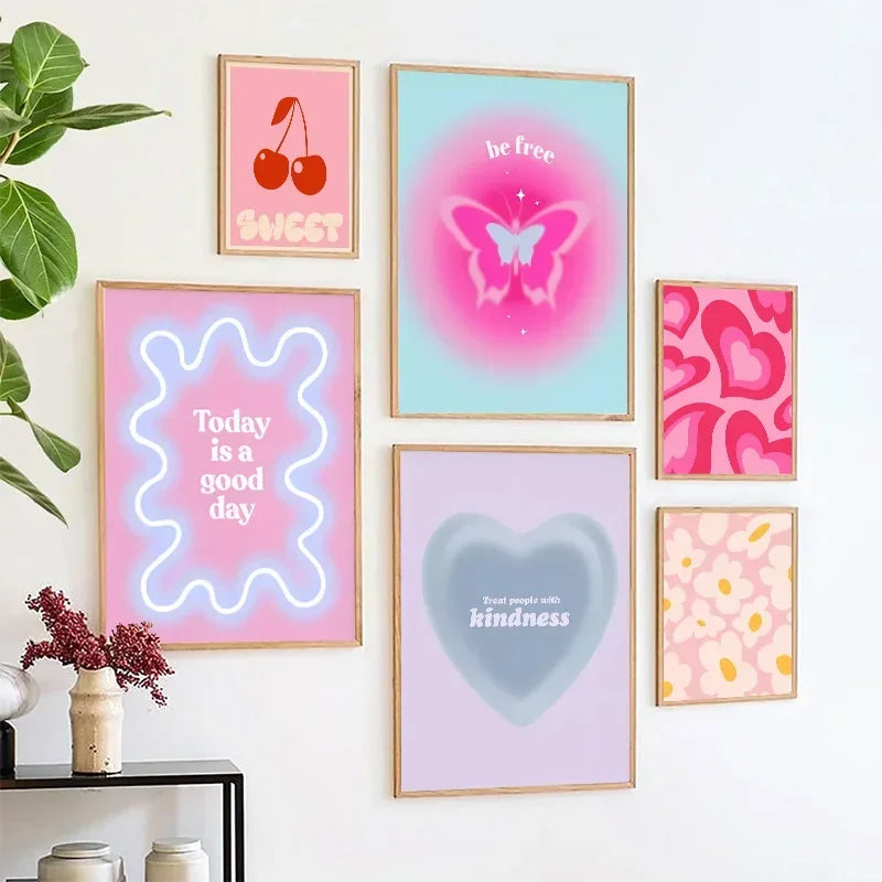 affiches toile moderne minimaliste coeurs fleurs rose bleu violet blanc