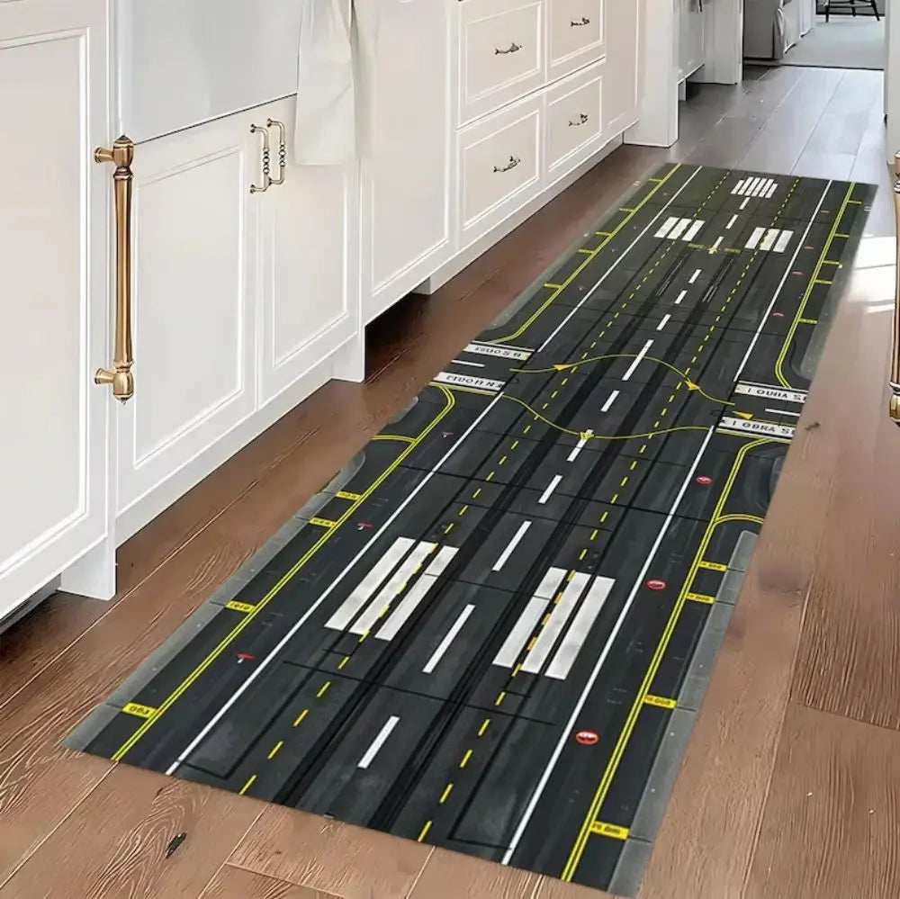 tapis sol enfant décor aéroport piste d'avion vert noir blanc jaune salon chambre