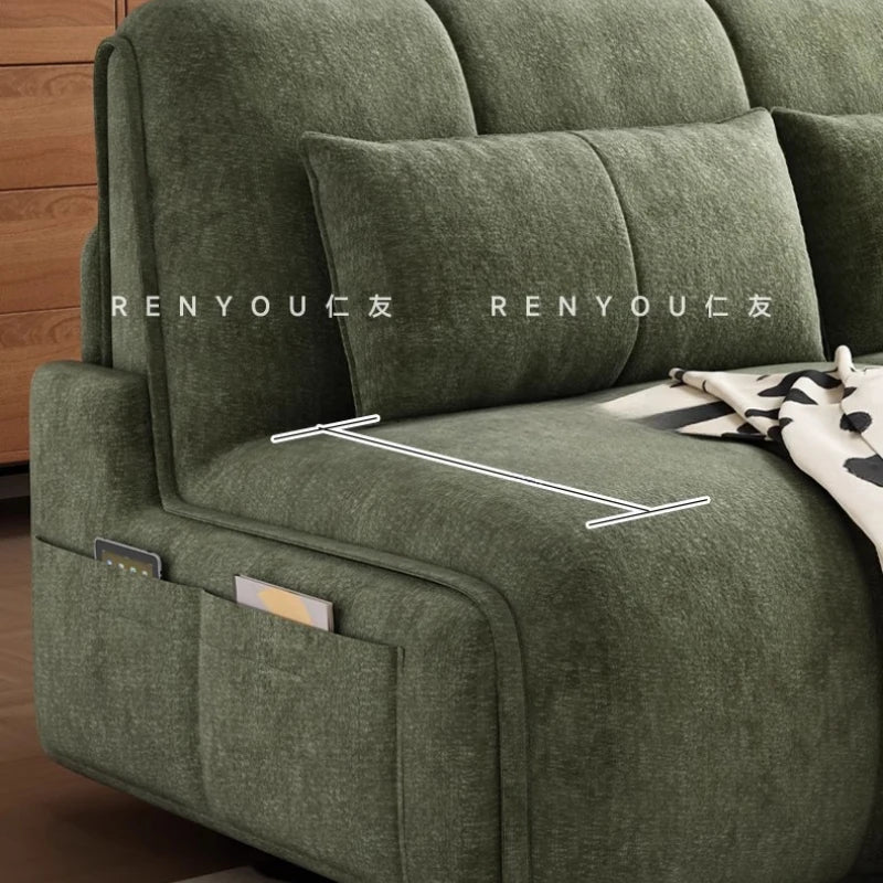 canapé lit velours vert olive moderne coussins couverture salon petit espace