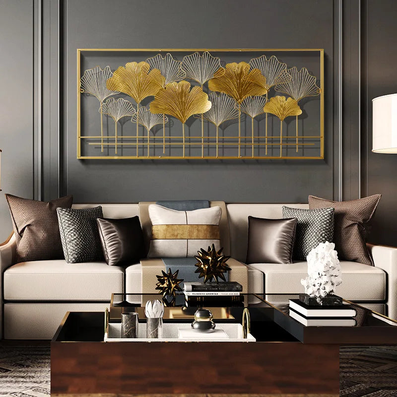 décoration murale métal feuilles ginkgo or noir moderne élégante art asiatique fixations chambre coucher